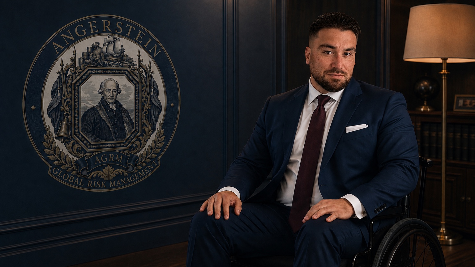 The Angerstein founder seated in a formal navy office beside the Angerstein crest